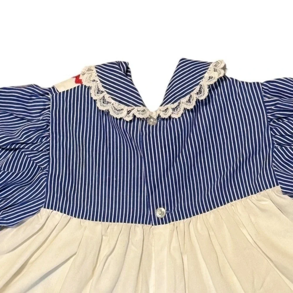 Toddler Girls Pinafore Dress 2T 3T Blue White Prairie Cottagecore Summer 80s Vtg